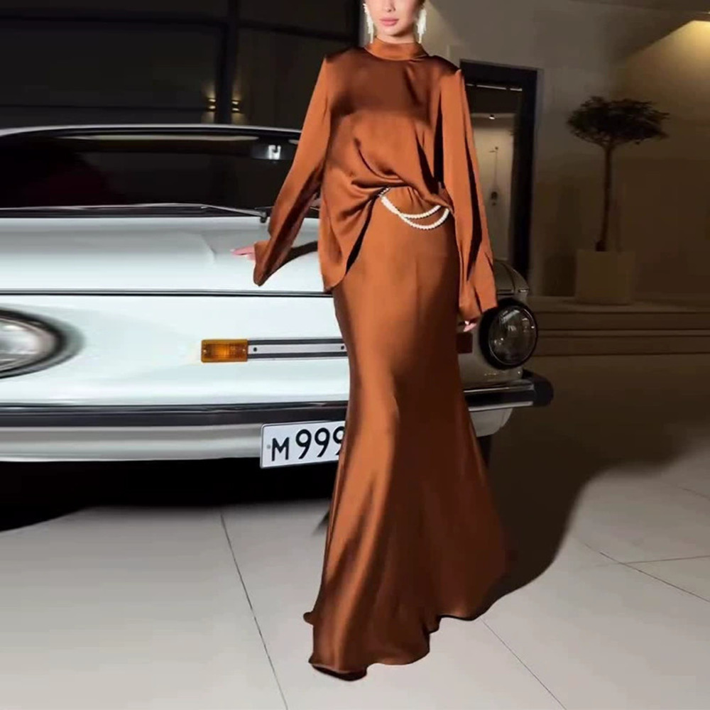 Forever 21 Spring Mock Neck Long-Sleeve Simple Satin Maxi Dress Set